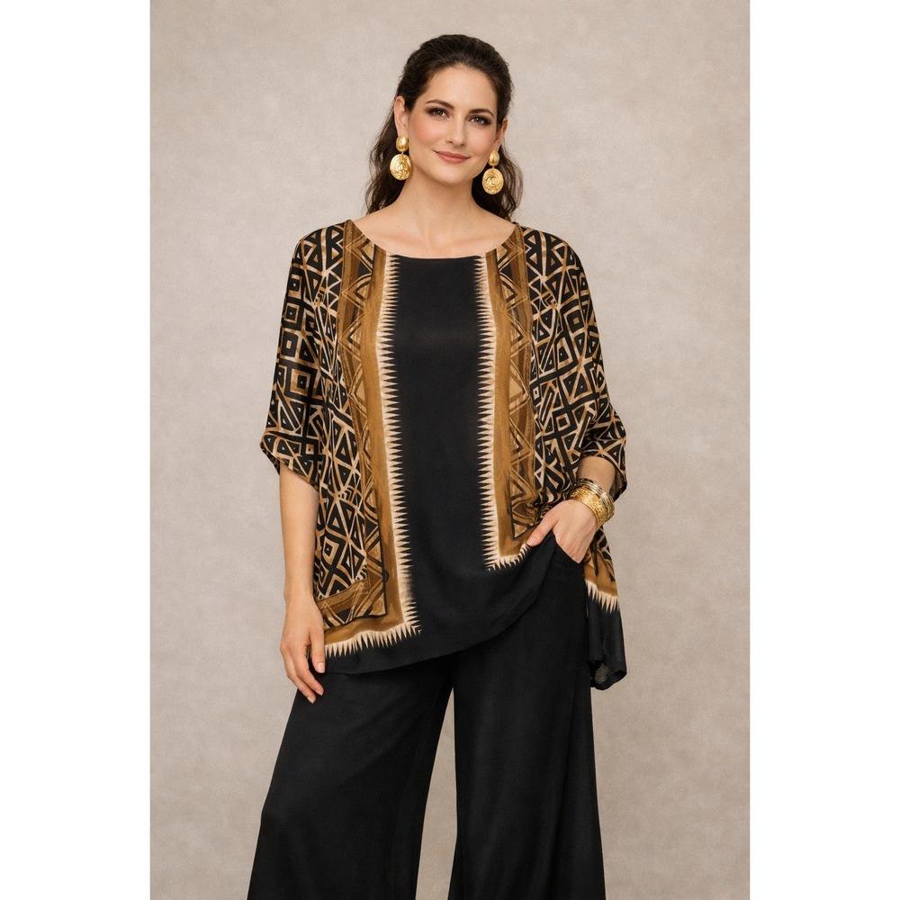 Ruby Rd Geometric Tribal Print Kaftan Top Womens Large Black Boho Artsy Modern